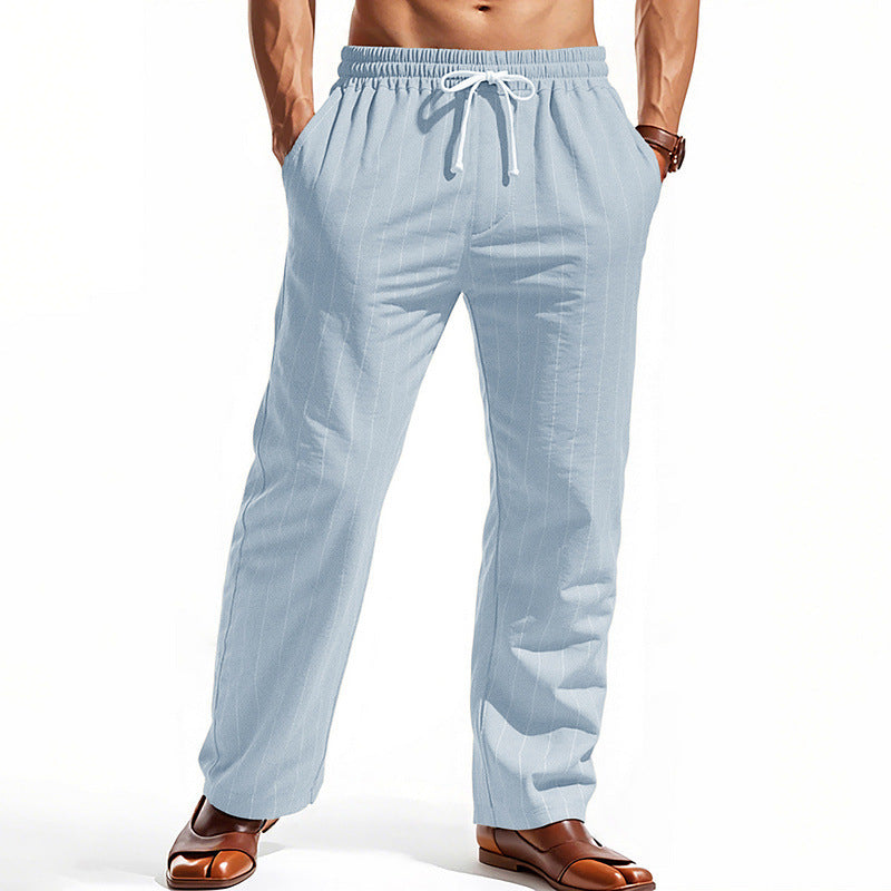 Men's Casual Pinstripe Leisure Pants with Elastic Drawstring Waist, Side Pockets, and Straight Leg StylebySassy