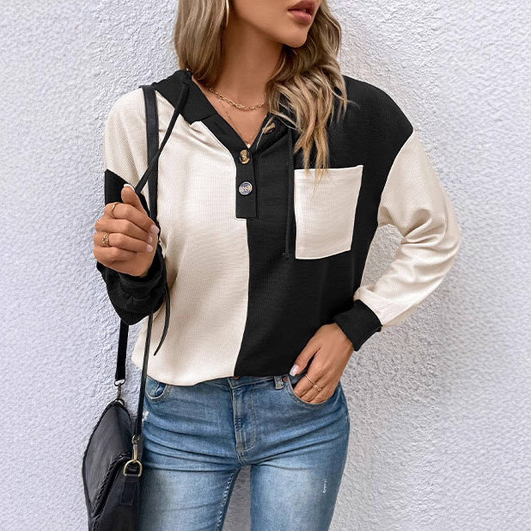 Women's waffle knit hoodie with henley buttons, chest pocket, and hood StylebySassy