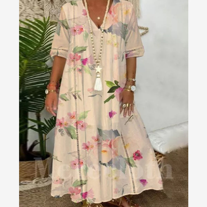 Ladies nan locker flowing Kaftan midimax dress with V-neck, openwork panels and lightweight linen blend quality StylebySassy