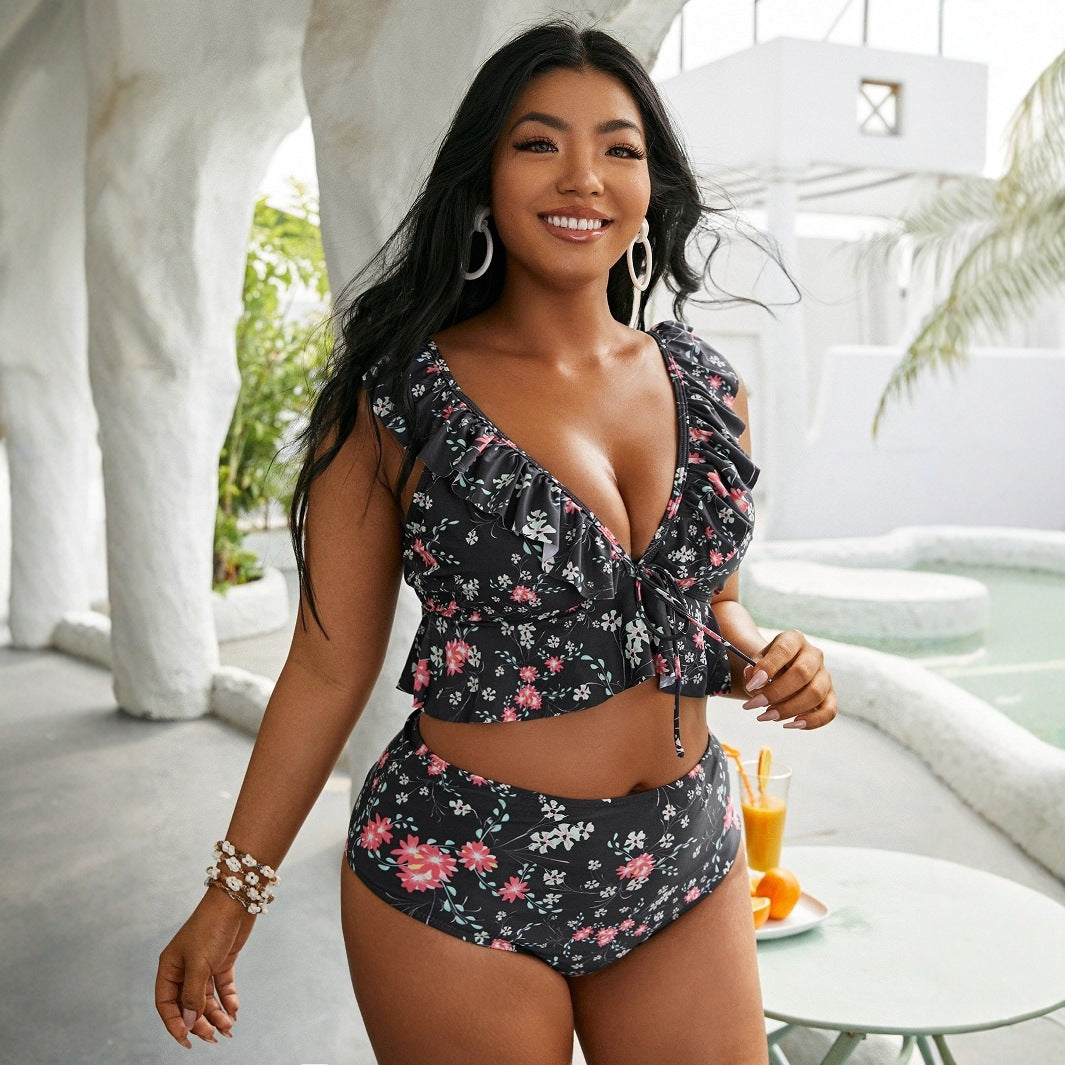 Women High-Waisted Bikini Set with Playful Ruffle Design StylebySassy