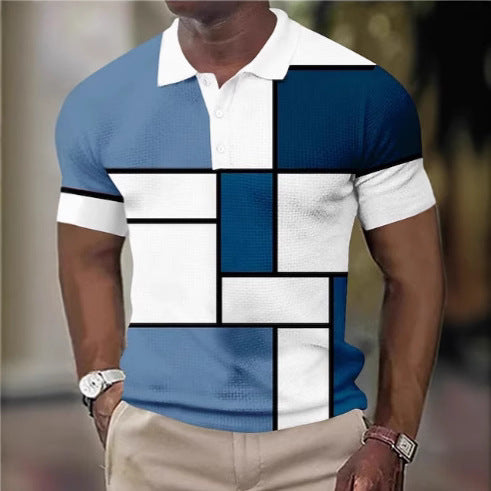 Men's short-sleeved polo shirt with geometric block pattern and fine structured piqué StylebySassy
