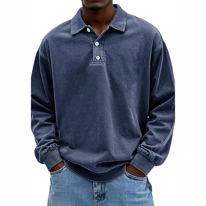 Men's casual polo shirt sweatshirt with collar, vintage wash and three-piece button placket StylebySassy