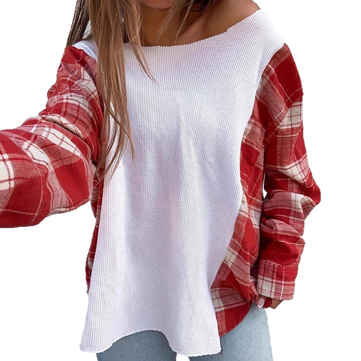 Women's oversized long-sleeve shirt in mixed material with textured waffle knit front and checkered sleeve section StylebySassy