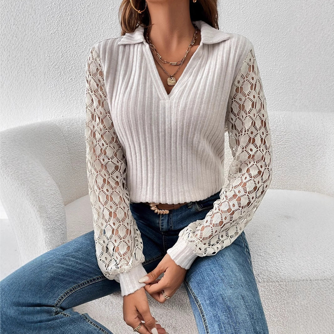 Women's ribbed fine knit polo with crochet sleeves and V-neck StylebySassy