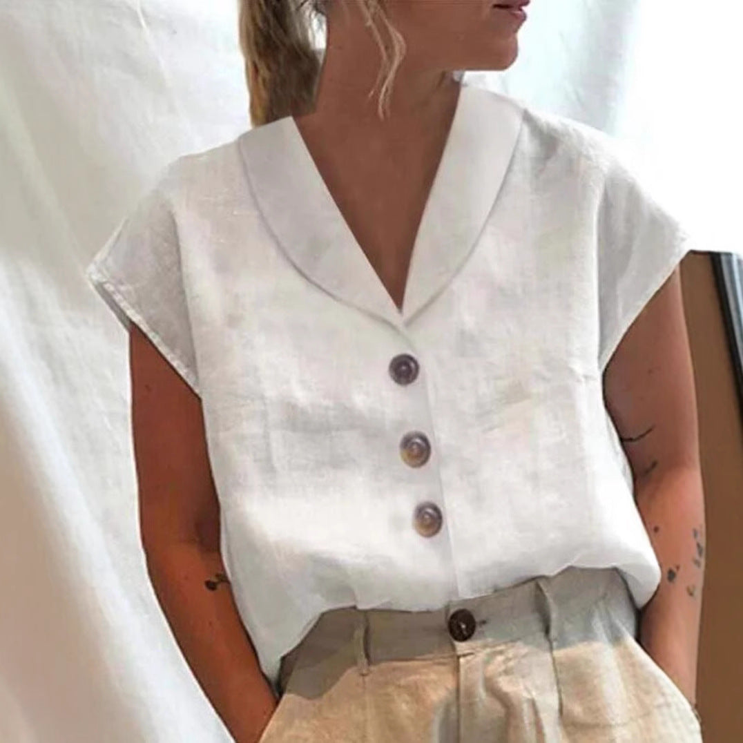 Women's casual linen blouse top with notched collar and wood button placket StylebySassy