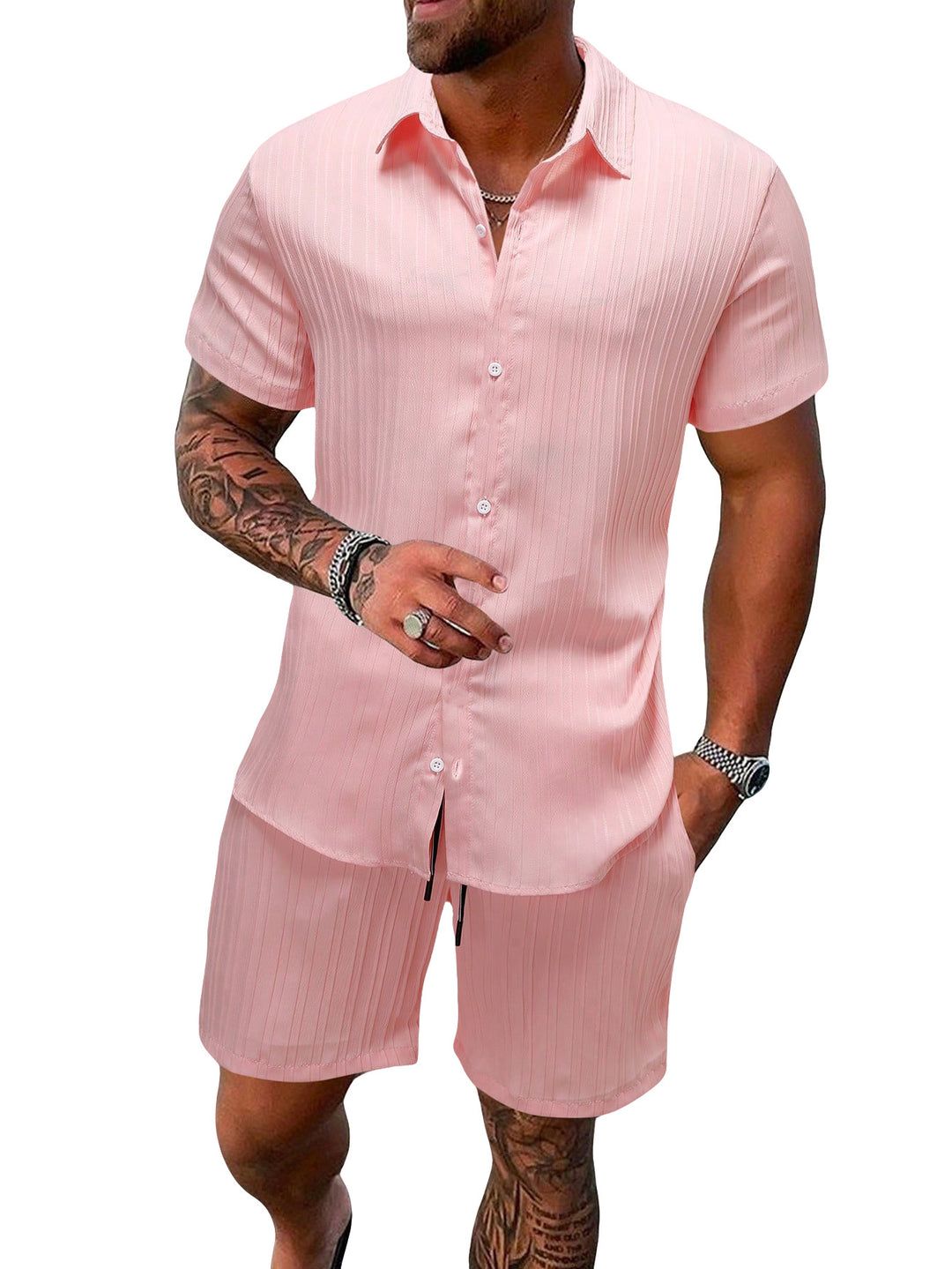 Men's lightweight short-sleeve shirt with open collar and matching casual shorts made of textured cotton blend StylebySassy