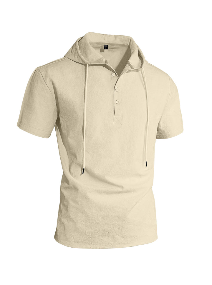 Men's short-sleeved hooded Henley made of slub cotton with concealed button placket and drawstring StylebySassy