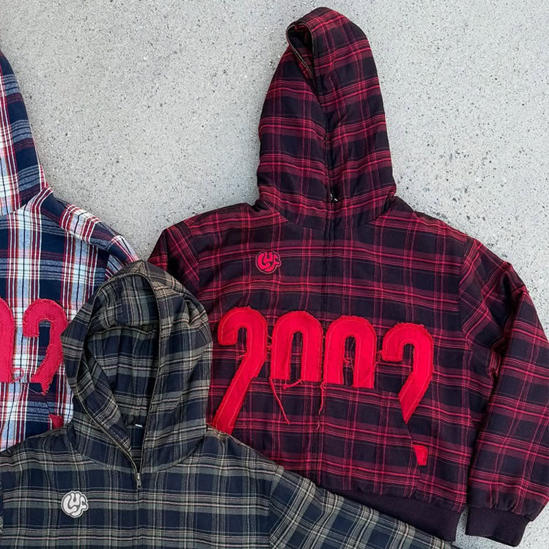 Unisex nan checkered hoodie with frayed year application and ribbed cuffs StylebySassy