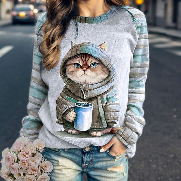 Women's casual sweatshirt with large kitten front print and striped raglan sleeves StylebySassy