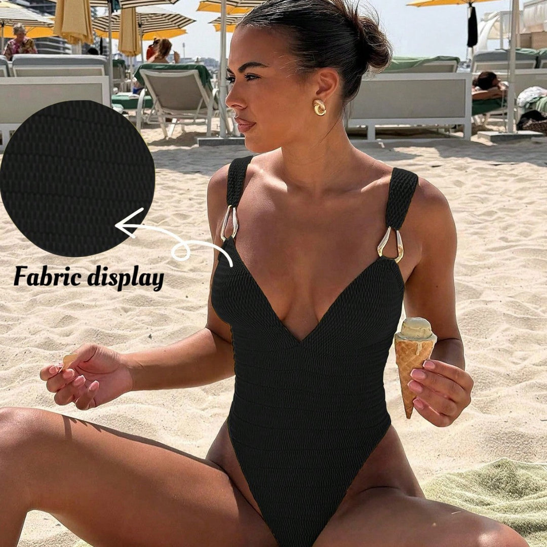 Women One-Piece Swimsuit with Elegant V-Neck and Decorative Straps StylebySassy