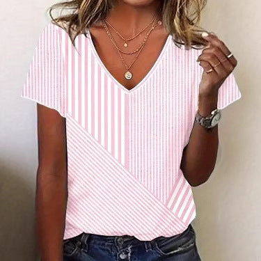 Women striped V-neck blouse with asymmetrical stripe mix and short sleeves StylebySassy