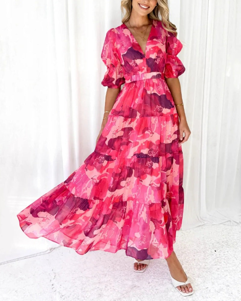 Ladies multi-layered maxi dress in ruffle tiered look with V-neck and gathered empire waist StylebySassy