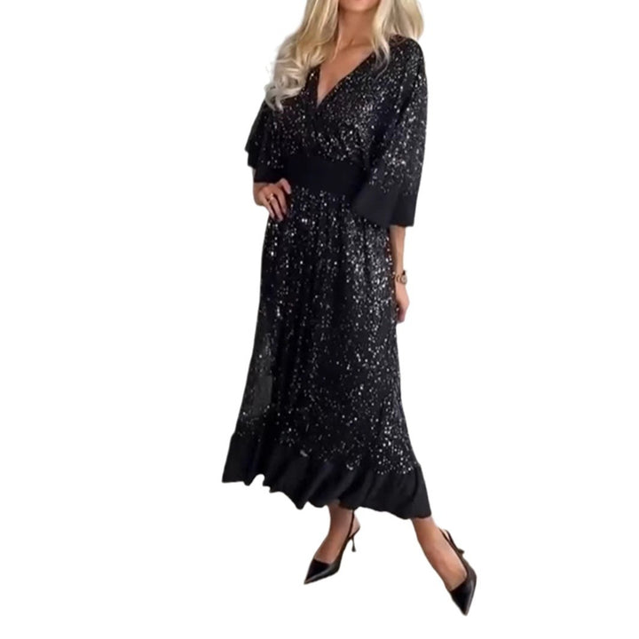 Women's shimmering evening maxi dress with kimono sleeves and waist-emphasizing waistband StylebySassy