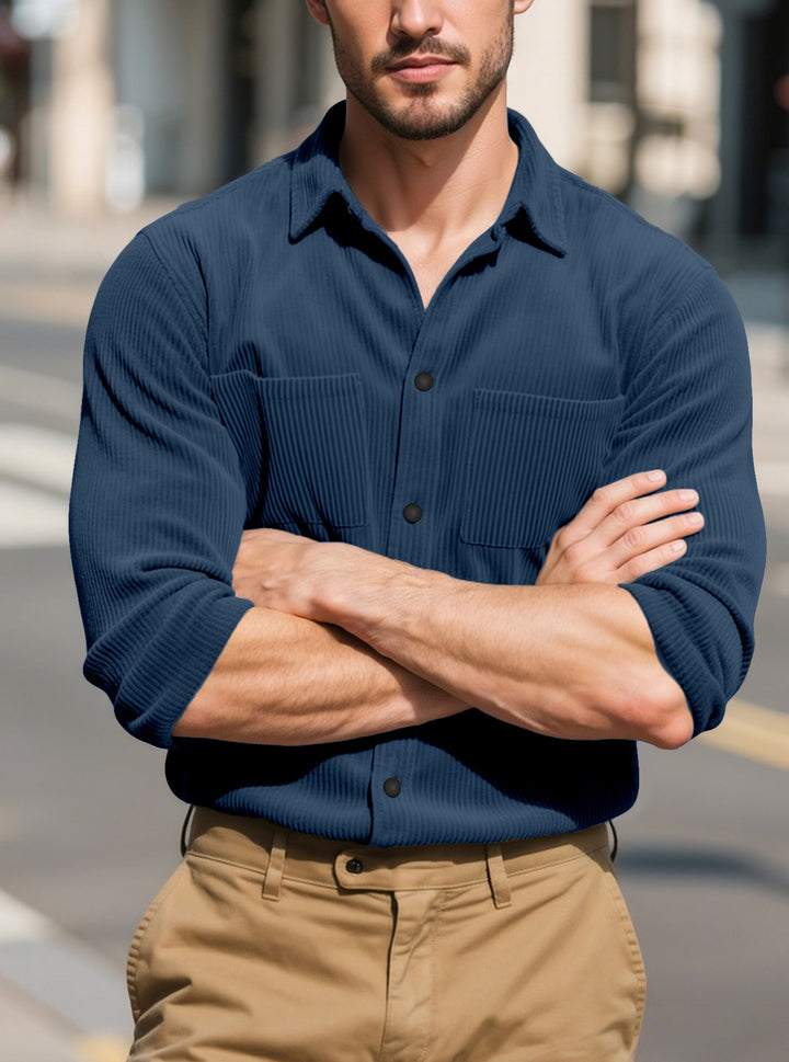 Men's textured casual overshirt with fine vertical ribbing, kent collar and patch chest pockets StylebySassy