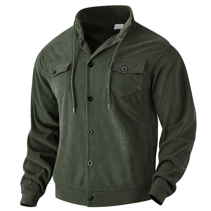 Men's ribbed transitional jacket in shirt style with stand-up collar, drawstring, and flap pockets StylebySassy