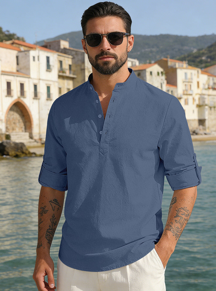 Men's lightweight half-button shirt made of linen blend with stand-up collar and roll-up sleeves StylebySassy