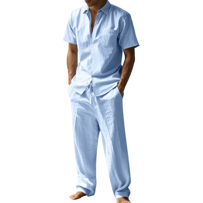 Men's resort-appropriate short-sleeve shirt with chest pocket and casual linen drawstring pants StylebySassy
