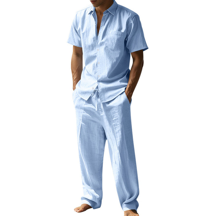 Men's resort-appropriate short-sleeve shirt with chest pocket and casual linen drawstring pants StylebySassy