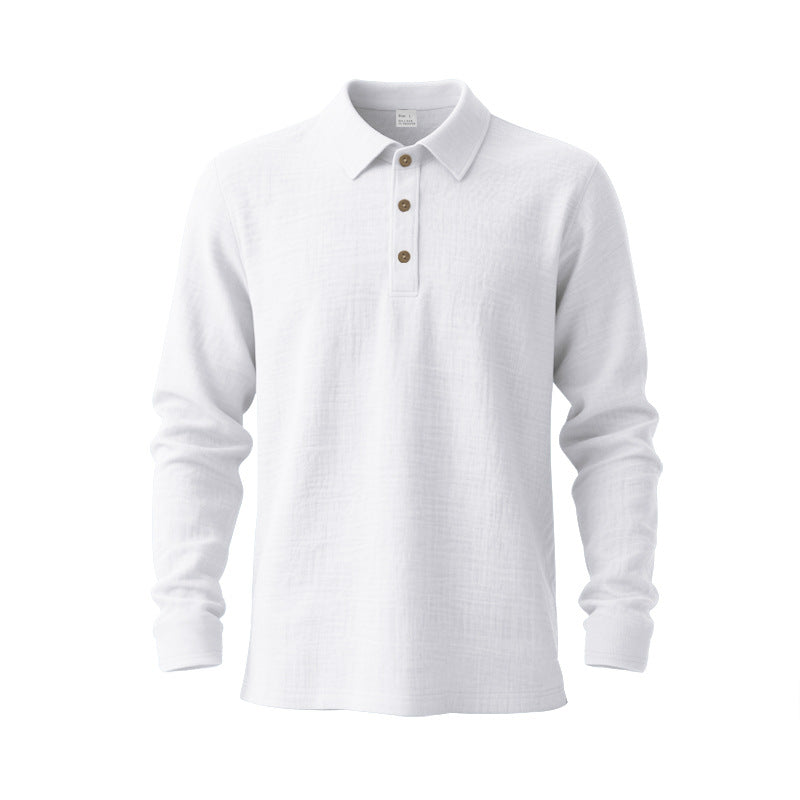 Men's long sleeve polo shirt made of cotton gauze with a shirt collar, three-button placket, and relaxed fit StylebySassy
