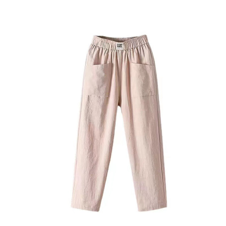 Ladies casual linen blend trousers with elastic waistband, straight leg, and large patch pockets StylebySassy