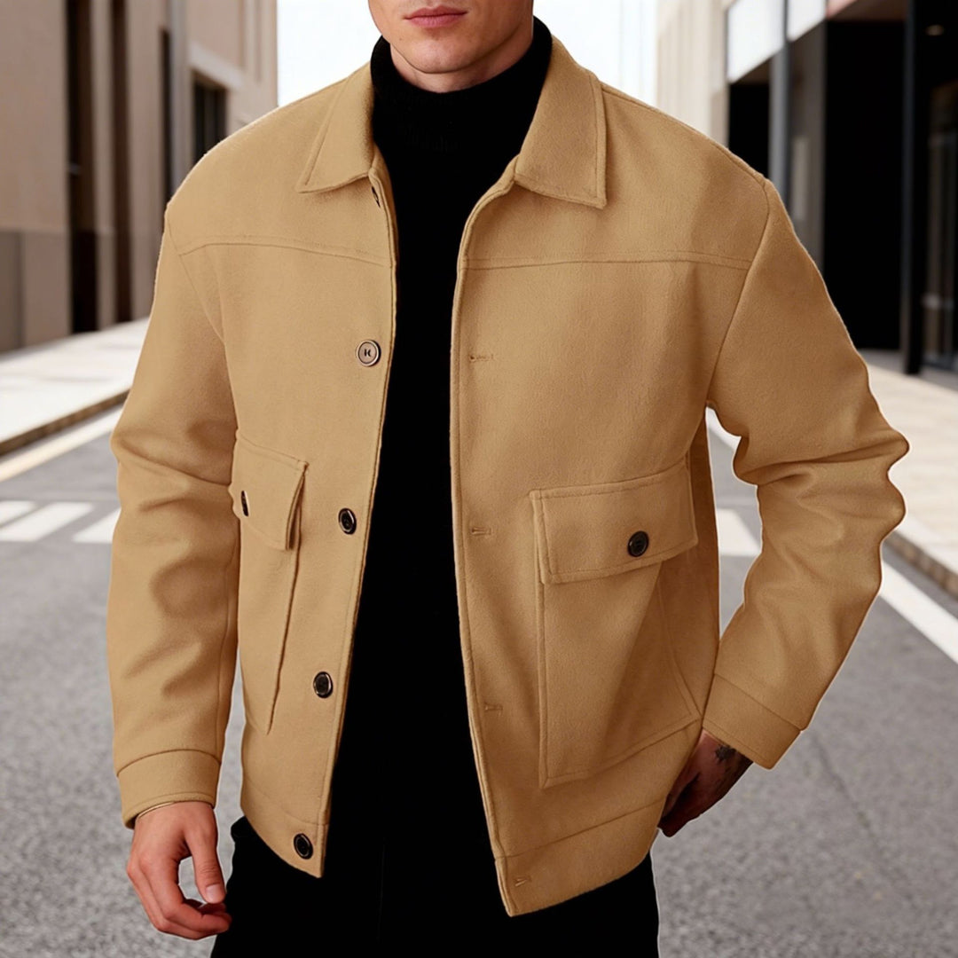 Men's short wool field jacket with shirt collar, flap pockets, and clear silhouette StylebySassy