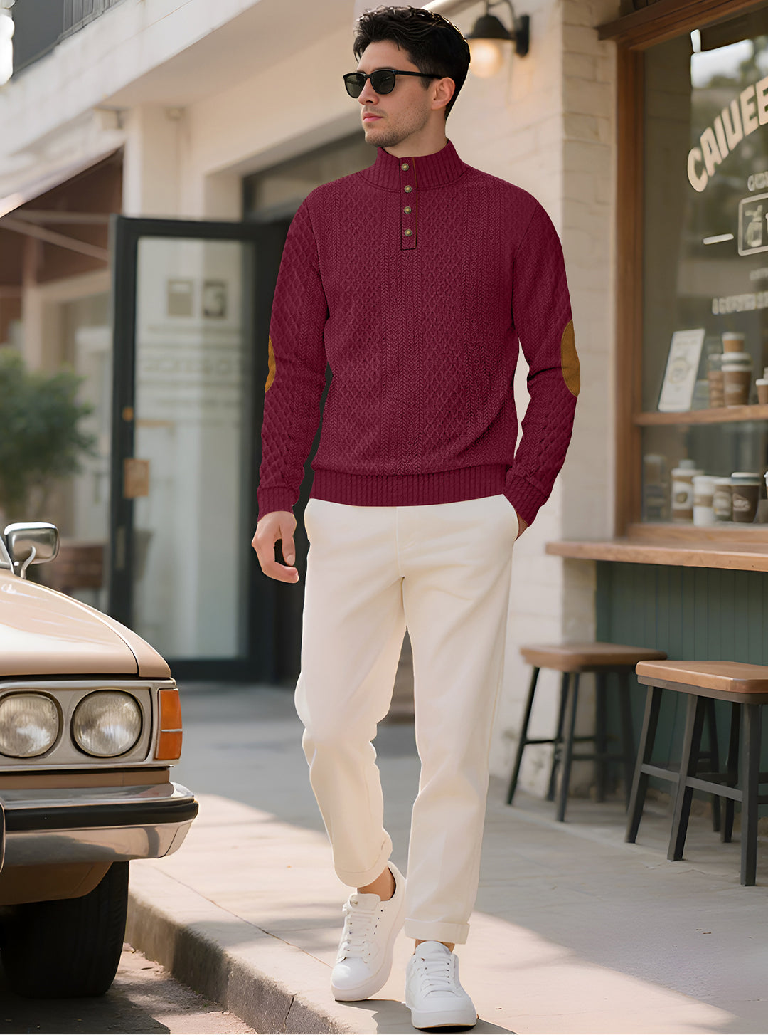 Men's noble button sweater in cable pattern with high stand-up collar and suede elbow patches StylebySassy