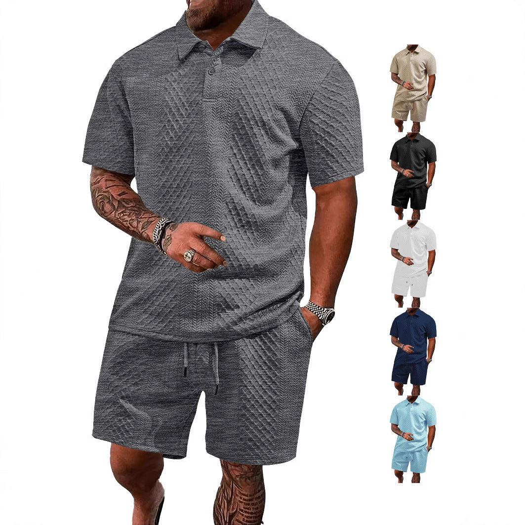 Men's embossed waffle polo with Kent collar and elastic drawstring shorts set StylebySassy