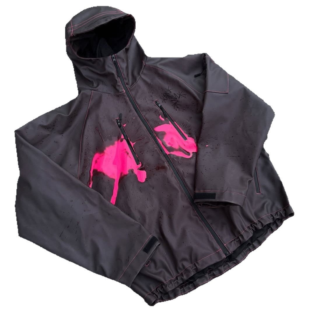 Women's nan waterproof hoodie jacket with splash print design, vertical zippered pockets, and adjustable hem StylebySassy