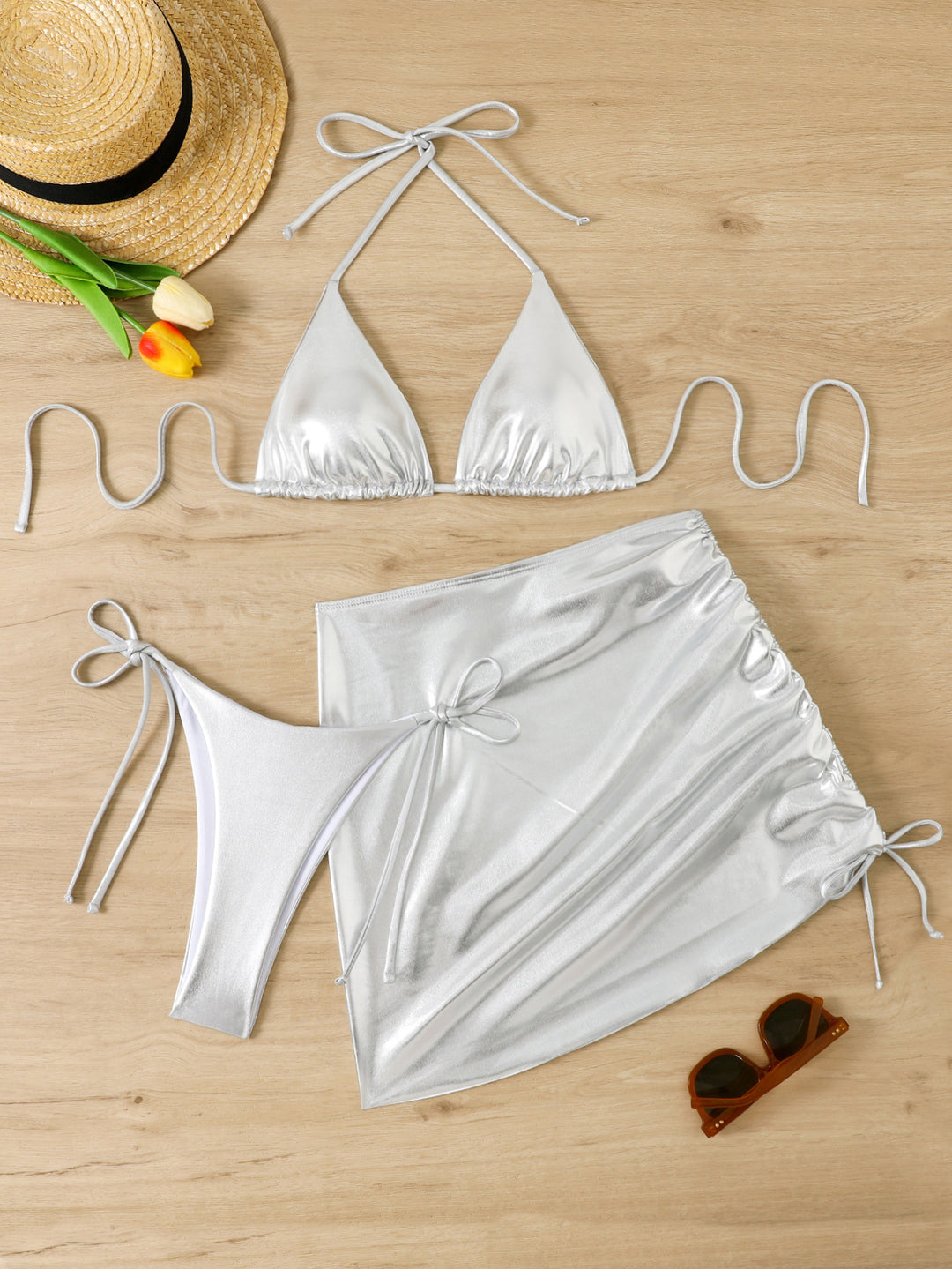 Women shimmering triangle bikini with wrap skirt StylebySassy