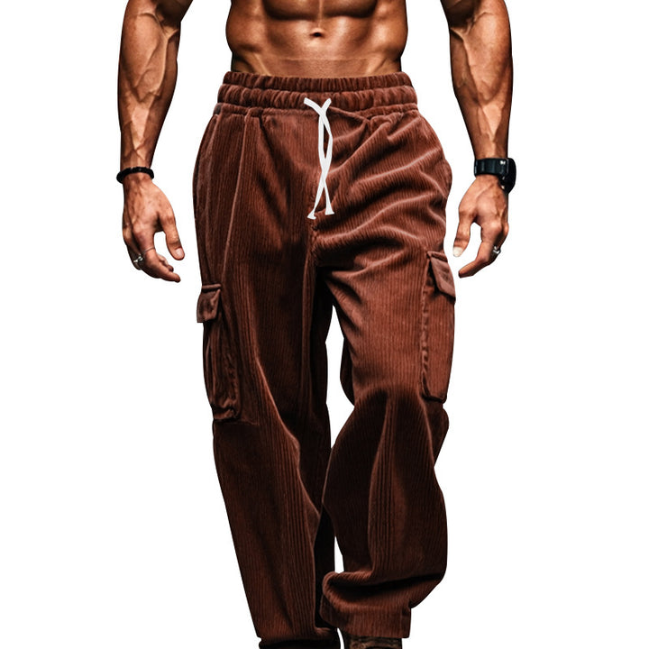 Men's oversized corduroy cargo pants with elastic drawstring waistband and multiple pockets StylebySassy