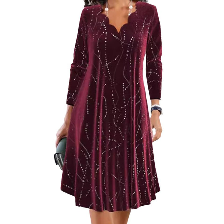 Women's satin A-line dress with curved neckline and rhinestone embellishment StylebySassy