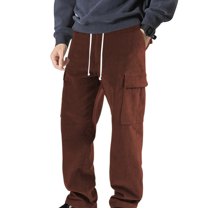 Men's ribbed comfortable cargo pants with elastic drawstring waistband and low-set flap pockets StylebySassy