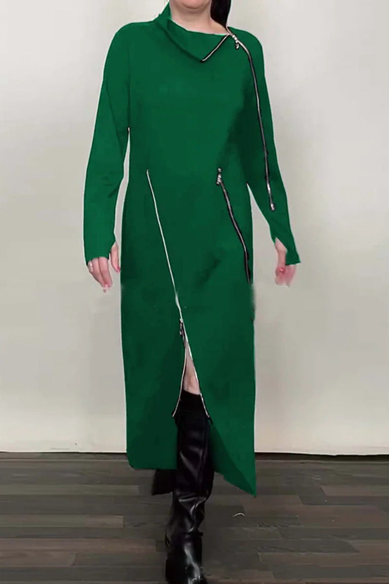Women's Long Knit Dress with Asymmetric Metal Zippers and Front Slit StylebySassy