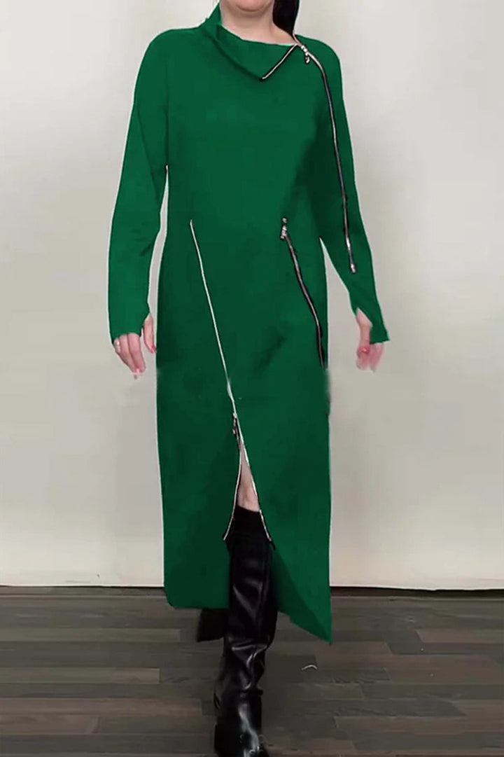 Women's Long Knit Dress with Asymmetric Metal Zippers and Front Slit StylebySassy