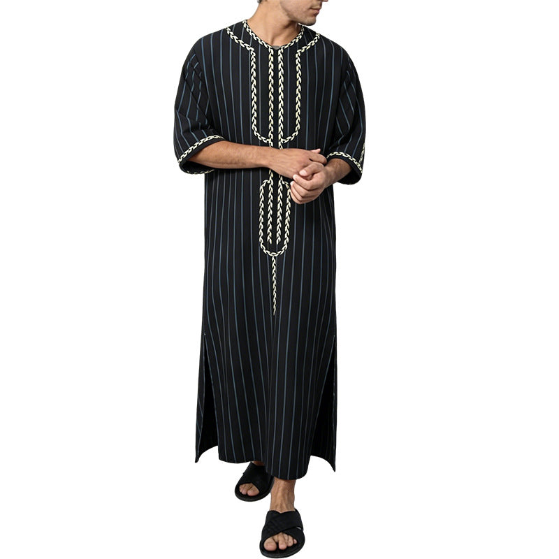 Men's striped Djellaba with decorative chest embroidery and side slit StylebySassy