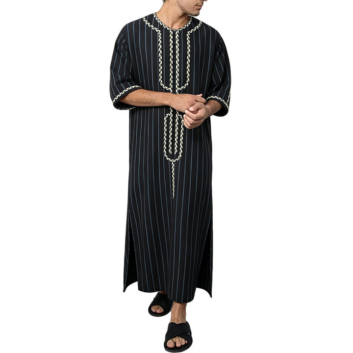 Men's striped Djellaba with decorative chest embroidery and side slit StylebySassy