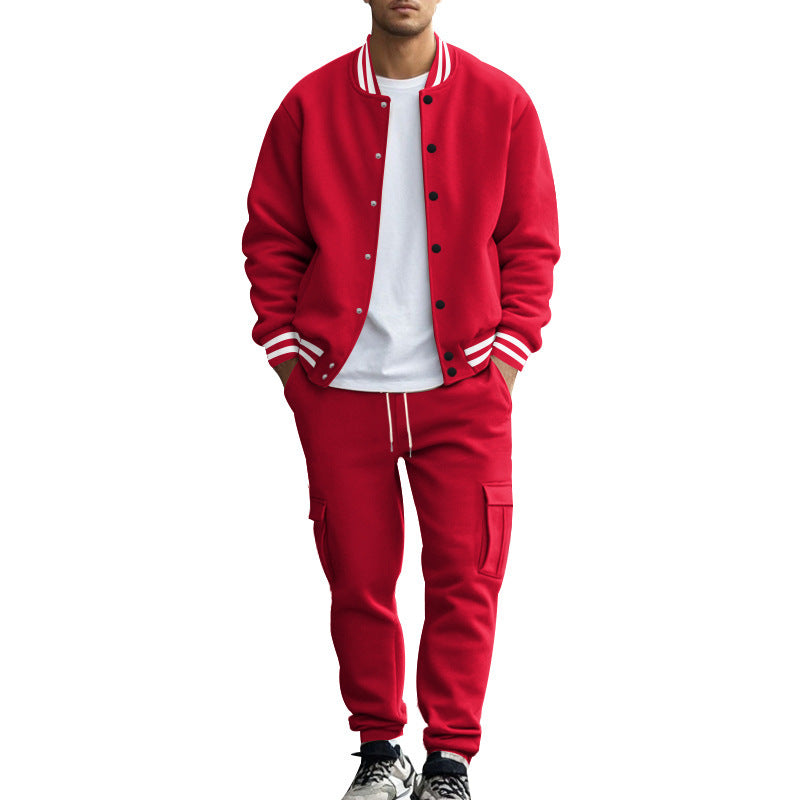 Men's sporty college two-piece made of heavy sweat with ribbed cuffs, snap-button bomber jacket and cargo jogger StylebySassy