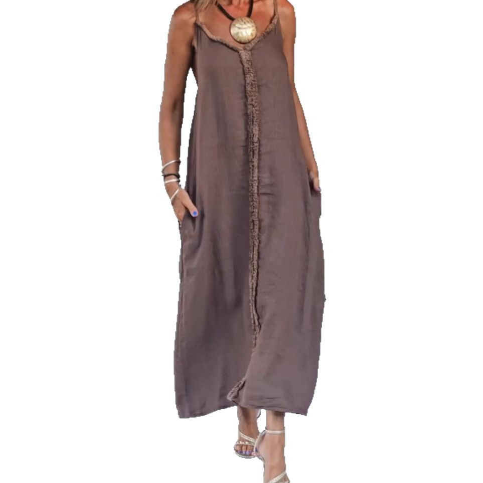 Women's airy linen-look maxi strap dress with fringed center seam and inset pockets StylebySassy