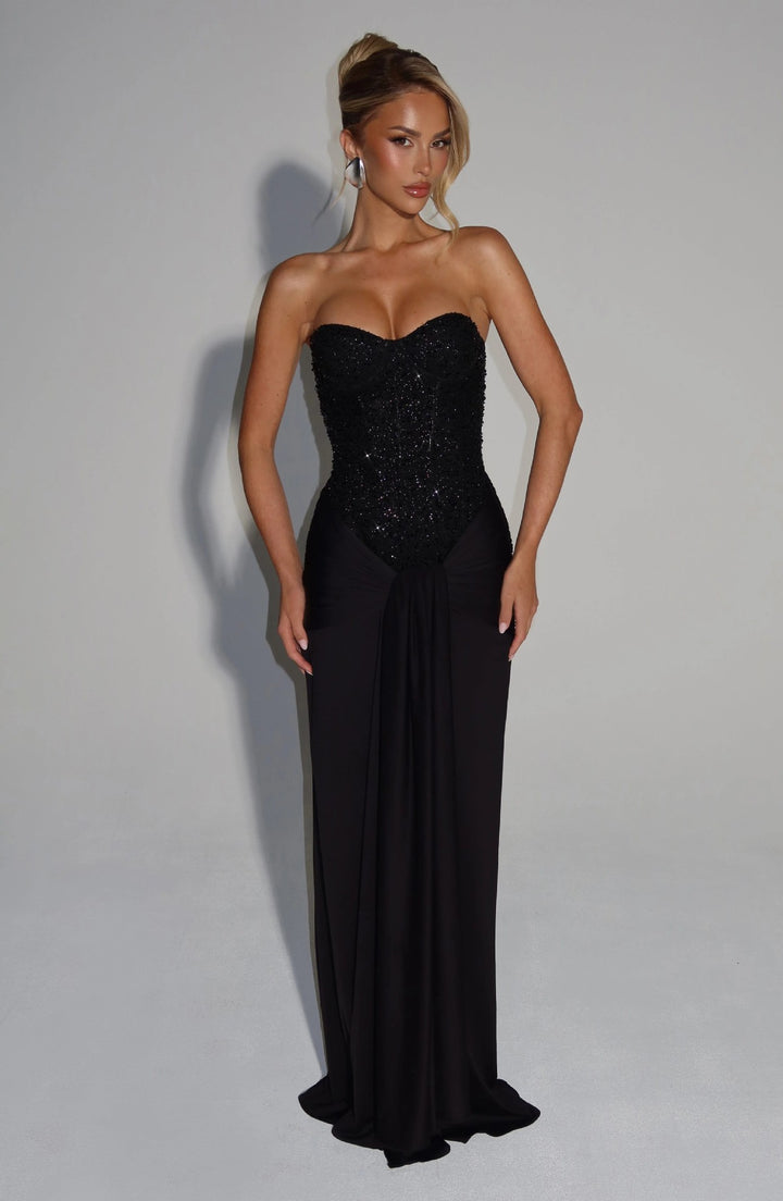 Women's Strapless Glamour Evening Dress with Draped Waist StylebySassy