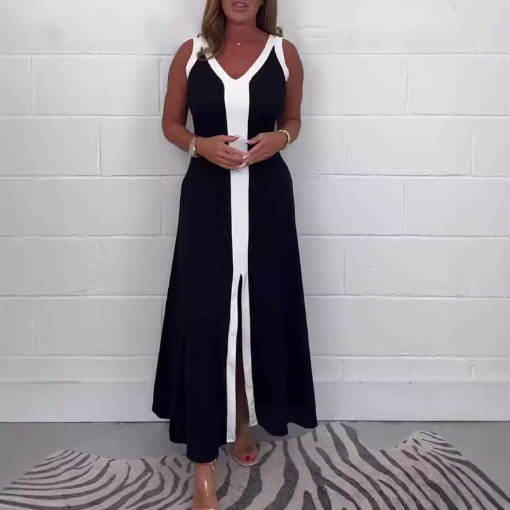 Women's tailored V-neck train dress with contrasting center yoke and central front slit StylebySassy