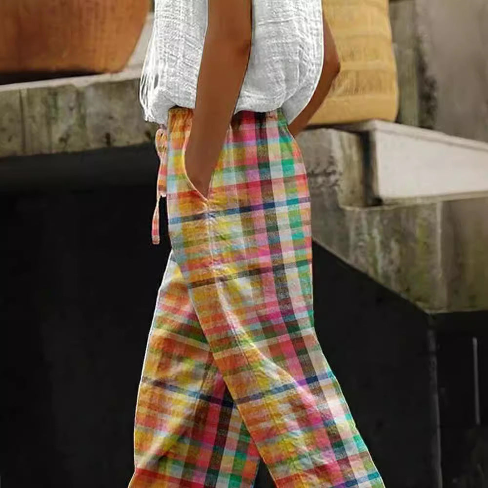 Women's casual checkered linen pants with elastic drawstring waistband and rolled hem StylebySassy