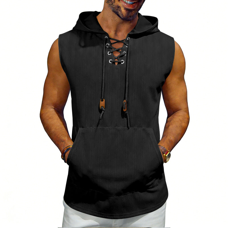 Men's sleeveless hooded vest with lace-up V-neck, kangaroo pocket, and casual fit StylebySassy