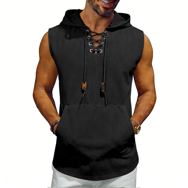 Men's sleeveless hooded vest with lace-up V-neck, kangaroo pocket, and casual fit StylebySassy