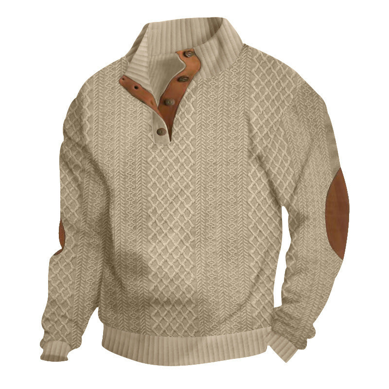 Men's upscale knit sweater with diamond pattern, high ribbed collar, buttoned placket, and leather trim on elbow. StylebySassy