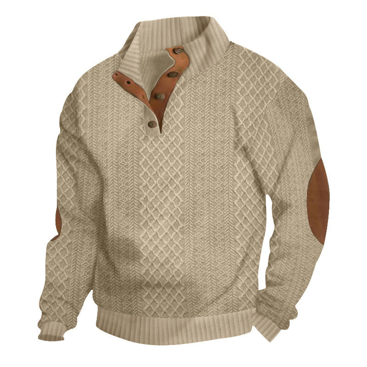 Men's upscale knit sweater with diamond pattern, high ribbed collar, buttoned placket, and leather trim on elbow. StylebySassy