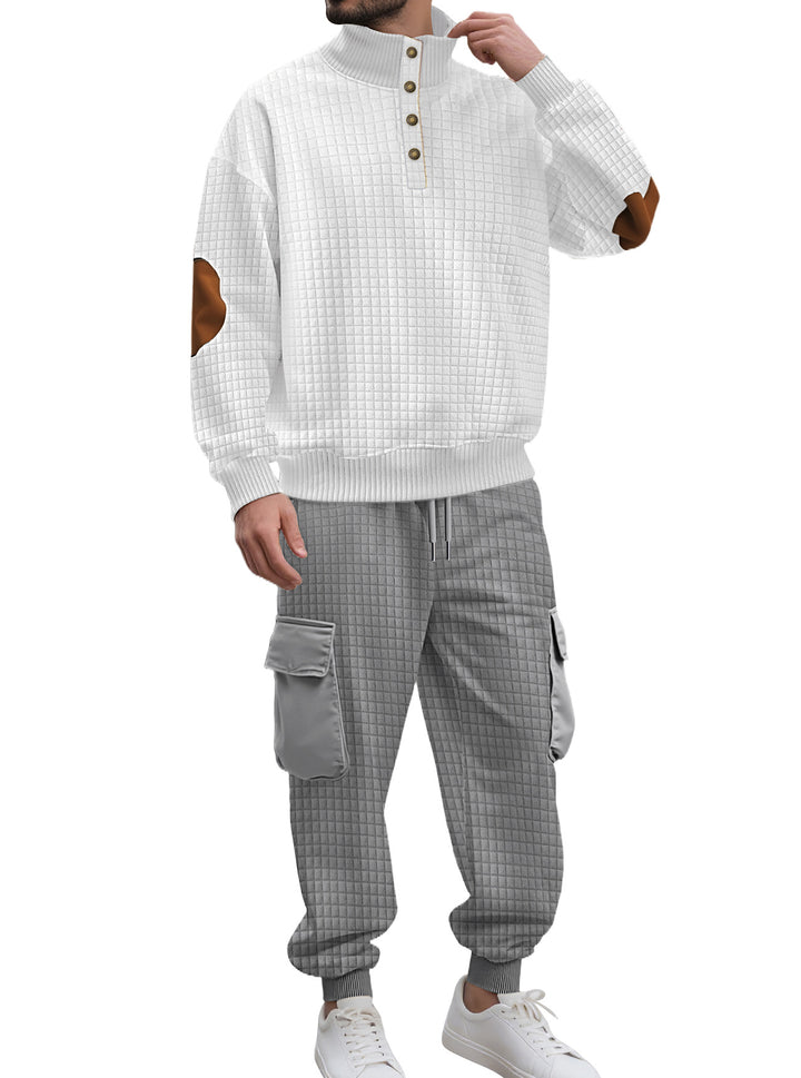Men's check relief sweat set with stand collar button placket, velour elbow patches and cargo jogger StylebySassy