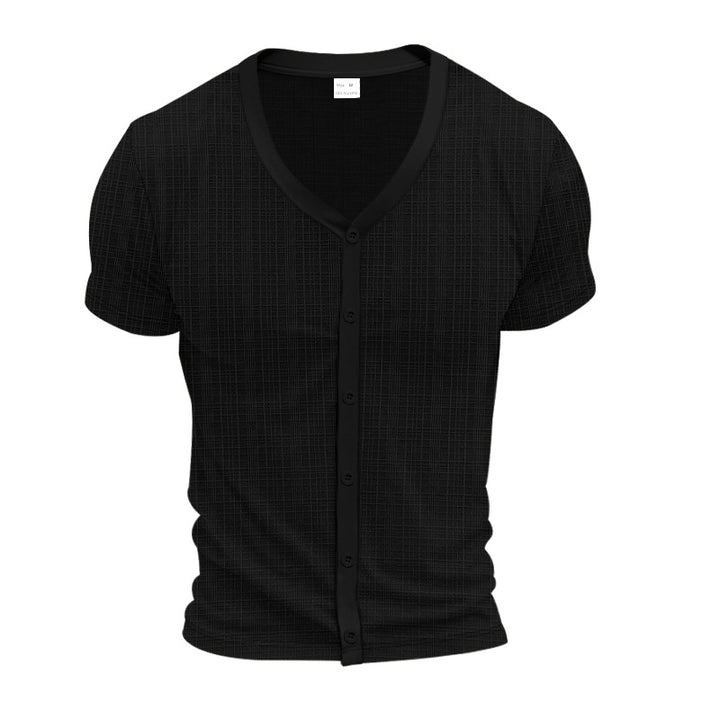 Men's short-sleeve fine knit cardigan with V-neck and continuous button placket StylebySassy