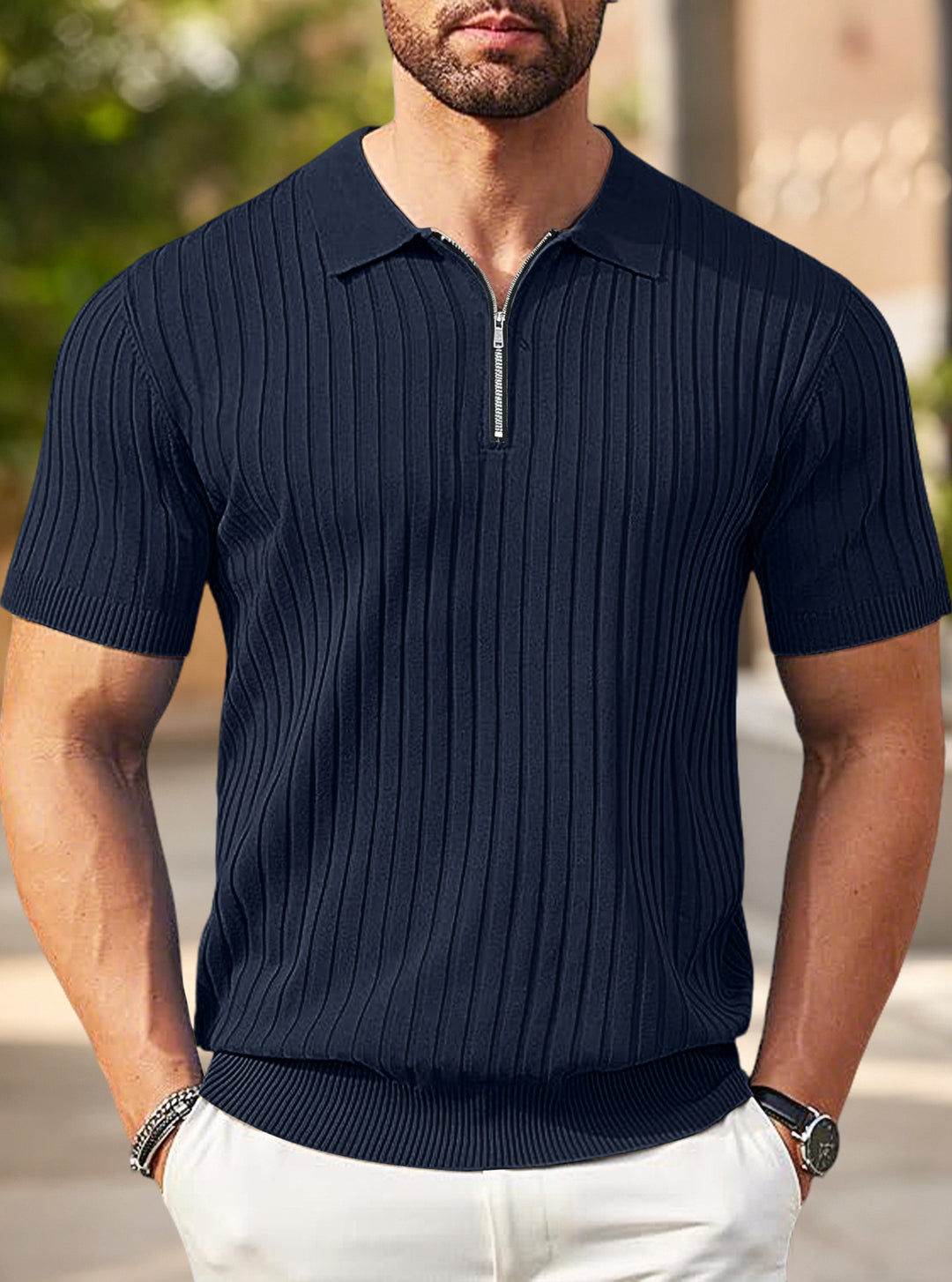 Men's elegant structured short sleeve knit polo with short metal zipper and shirt collar StylebySassy