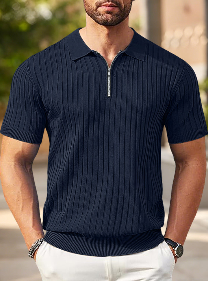 Men's elegant structured short sleeve knit polo with short metal zipper and shirt collar StylebySassy