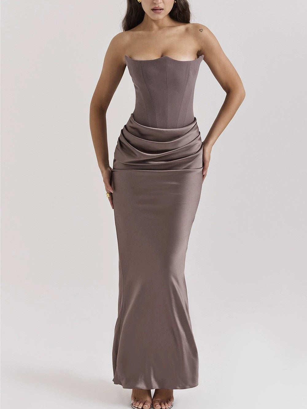 Women's strapless corset evening dress with contoured bodice construction and elegant hip draping StylebySassy